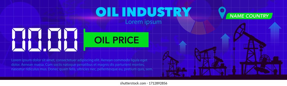 Panoramic banner with pumping machine for oil production and up arrows. Empty template for oil prices. The concept of rising cost per barrel. Blue background. 