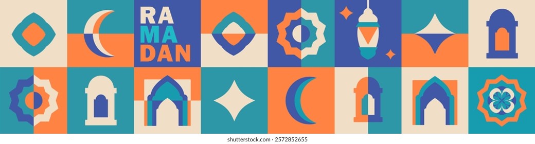 Panoramic banner for Ramadan with geometric and Islamic motifs: crescent moon, lantern, mosque arches, Arabic patterns, star, bold text. Header in flat style with orange, green, blue, and beige colors