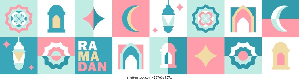 Panoramic banner for Ramadan with geometric and Islamic motifs: crescent moon, lantern, mosque arches, Arabic patterns, star, bold text. Header in flat style in pink, turquoise, golden, white colors