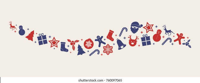 Panoramic banner with red and blue Christmas decorations. Vector.	
