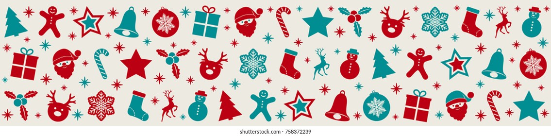 Panoramic banner with red and green Christmas icons. Vector.