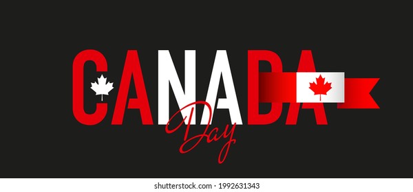 Panoramic banner with the text Canada and the flag with a maple leaf on a black background 