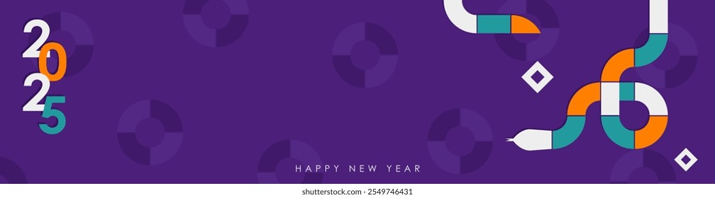 Panoramic banner with vibrant illustration for 2025 Year of the Snake featuring a geometric snake in cyan, yellow and white on purple background with circles, stars. Modern header with copy space