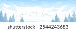 Panoramic banner with winter mountain landscape. Vector image of snowy mountains and hills. Realistic silhouettes of fir trees in the foreground. Frosty day, snowfall.