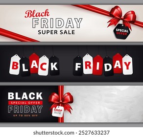 Anuncios panorámicos con arcos de regalo rojo brillante 3d y colgando en una cadena de etiquetas de Precio con texto VENTA, Black Friday, Oferta especial. Encabezados de compras como un paquete de regalo con cinta de seda y etiqueta de descuento