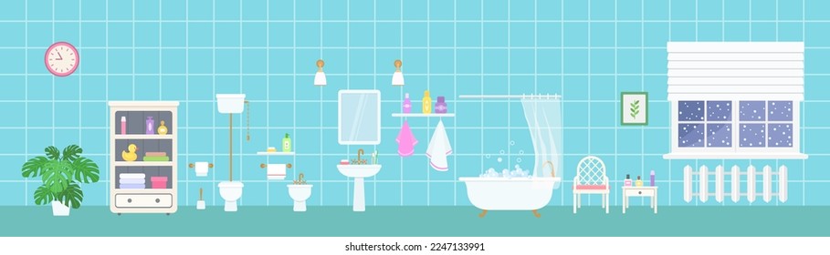 Panoramic bathroom interior with retro clawfoot tub, toilet, bidet and sink on blue background. Home interior concept. Cartoon flat style. Vector illustration
