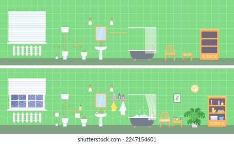 
Panoramic bathroom interior with retro clawfoot tub, sink, toilet and bidet and accessories. On green background. Home interior concept. Cartoon flat style. Vector illustration