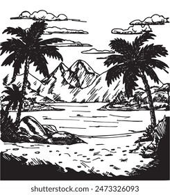 Panoramic beach view. Palm trees on sea shore. Ocean or sea waves with big crests and foam. Black and white drawing of seaside with palm leaves. Vector sketch illustration