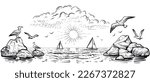 Panoramic beach view with seagulls and boats. Vector panoramic illustration of the seaside with waves and rocks. Black and white sea sketch.