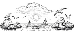 Panoramic Beach View With Seagulls And Boats. Vector Panoramic Illustration Of The Seaside With Waves And Rocks. Black And White Sea Sketch.