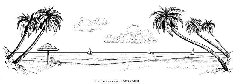 Panoramic beach view. Vector illustration of seaside promenade with palms, chaise longue, parasol and yachts. Black and white handmade drawing.