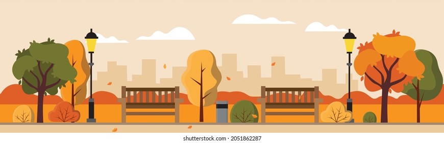 Panoramic of a beautiful autumn city park with town building background. Vector illustration. EPS10