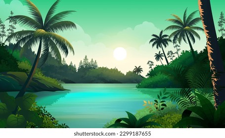 Panoramic beautiful lake surrounded by lush tropical forest vecor cartoon landscape