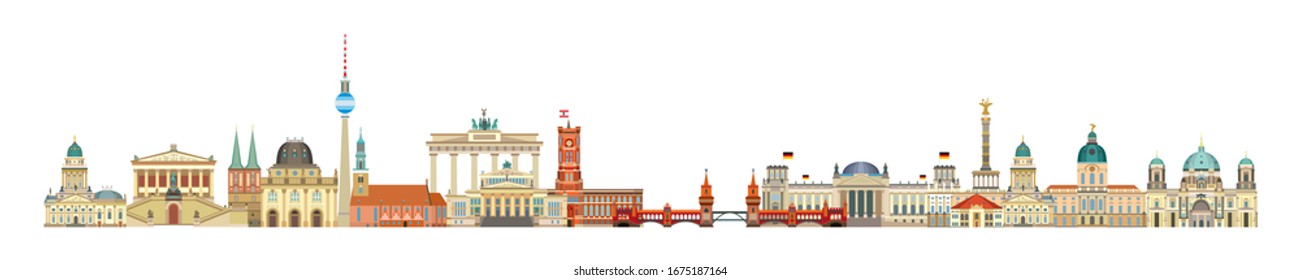 Panoramic Berlin skyline travel illustration with main architectural landmarks in flat style isolated on white background. Berlin city landmarks front view, colorful German tourism and journey concept