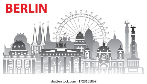 Panoramic Berlin skyline travel illustration with main architectural landmarks. Worldwide traveling concept. Berlin landmarks, monochrome gradient German tourism and journey vector background.