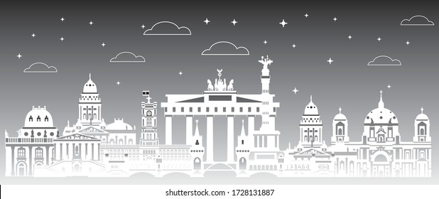 Panoramic Berlin skyline travel illustration with main architectural landmarks. Berlin traveling concept, monochrome gradient German tourism and journey vector background in twilight.