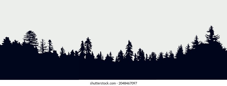 Panoramic black evergreen forest silhouette