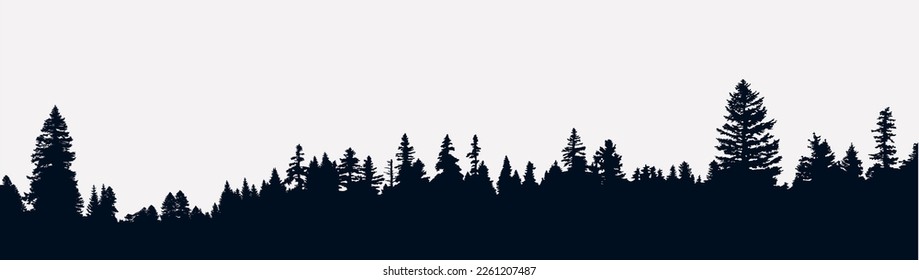 Panoramic black evergreen forest silhouette