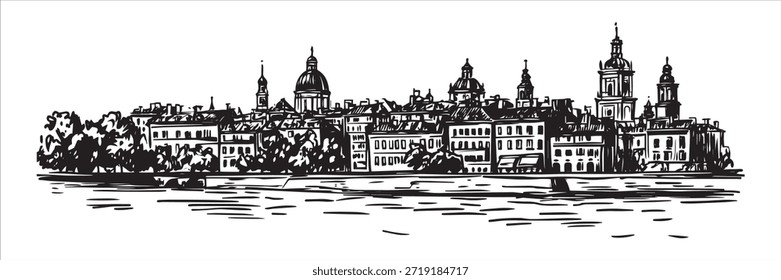 Panoramic black and white vector illustration of a European old town skyline across the river