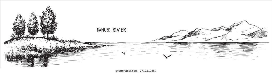 Bosquejo panorámico en blanco y negro del Vector Danubio con árboles, montañas y aves voladoras