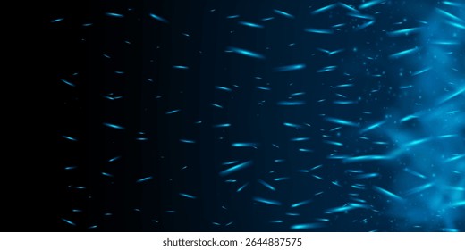 Panoramic blue fire wallpaper with icy smoke, neon sparks and glowing embers. Abstract dark vector texture combines magic particles, cold tones and heat energy for a dramatic visual effect.