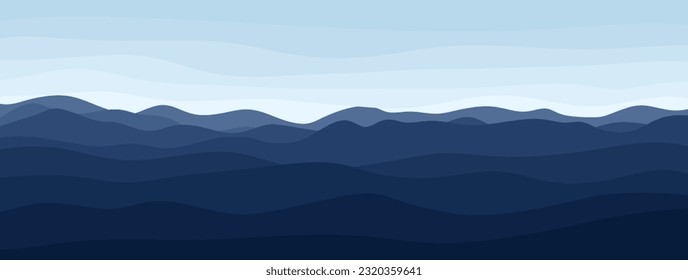 Panorámico paisaje de montaña azul. Vista de montañas, colinas y cielo azul. Fondo horizontal de la hermosa escena natural. Ilustración del vector