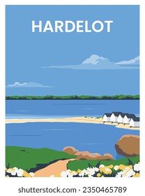 panoramic blue sky view with beach and cabin.
vector illustration suitable for background, card, postcard, template, print.