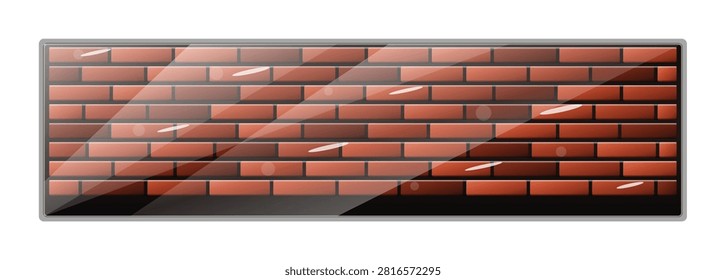 Panoramic brick wall background viewed through a glossy glass pane or shiny display window with diagonal reflections and lighting highlights.