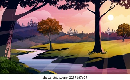 Panoramic bright natural daylight landscape, trees, valley, and river with beautiful vibrant color landscape