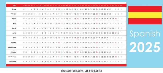 Panoramic calendar for 2025 in Spanish, linear grid planner