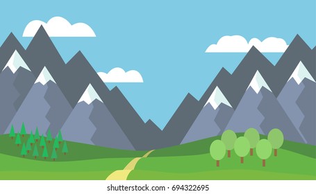 Panoramic cartoon mountain landscape with blue sky and white clouds, trees, snow on the peaks, hills and through the mountains - vector illustration, flat design