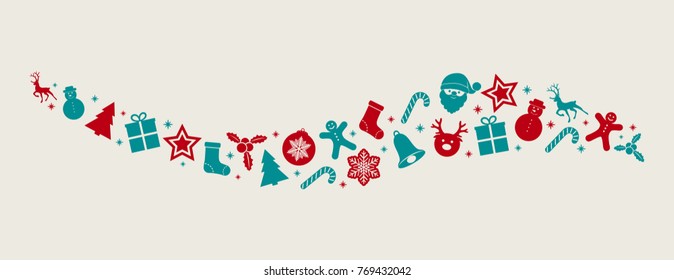 Panoramic Christmas banner with decoration in retro style. Vector.