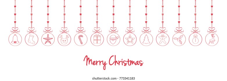 Panoramic Christmas banner with hand drawn hanging baubles and greetings. Vector.
