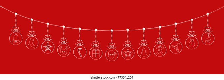 Panoramic Christmas banner with hand drawn hanging baubles. Vector.