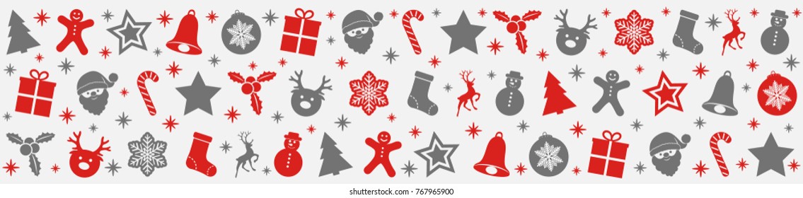 Panoramic Christmas banner with silver and red icons. Vector.