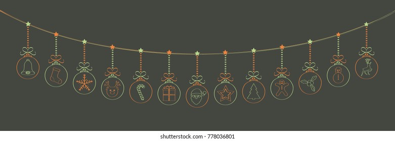 Panoramic Christmas decoration with hand drawn elements. Vector.