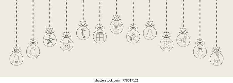 Panoramic Christmas decoration with hand drawn elements. Vector.