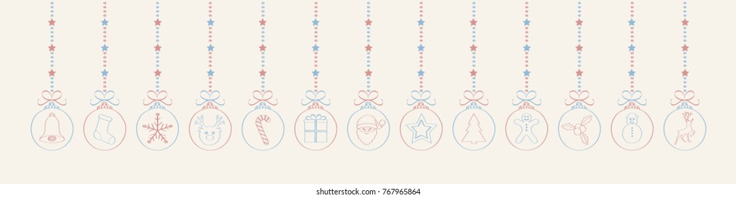 Panoramic Christmas decoration - hanging hand drawn Christmas balls. Vector. 