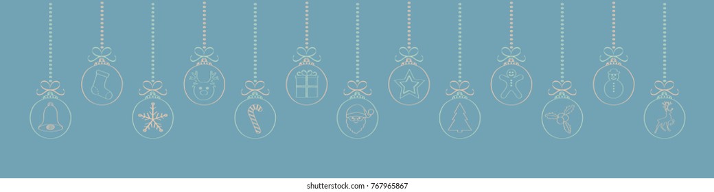 Panoramic Christmas decoration - hanging hand drawn Christmas balls. Vector. 