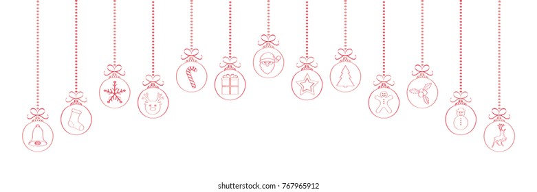 Panoramic Christmas decoration - hanging hand drawn Christmas balls. Vector. 