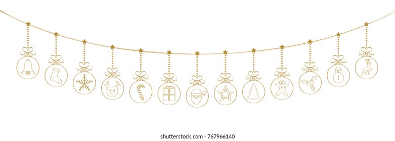Panoramic Christmas decoration - hanging hand drawn Christmas balls. Vector. 