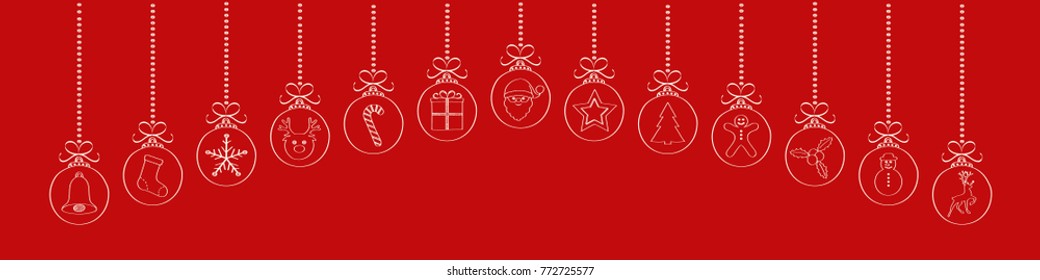 Panoramic Christmas header with hanging balls. Vector.