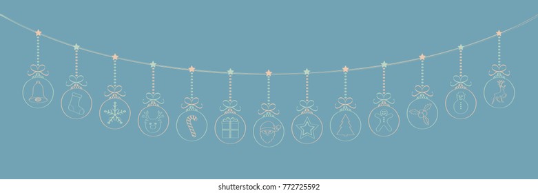Panoramic Christmas header with hanging balls. Vector.