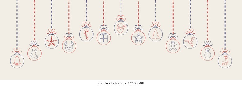 Panoramic Christmas header with hanging balls. Vector.