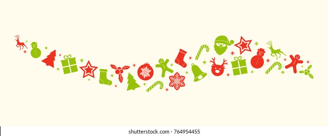 Panoramic Christmas header with red and green icons. Vector.