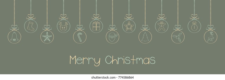 Panoramic Christmas ornaments with hand drawn elements and wishes "Merry Christmas". Vector.