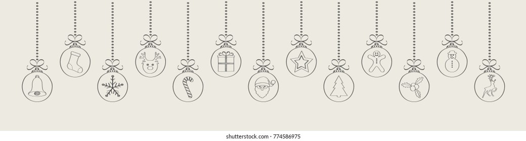 Panoramic Christmas ornaments with hand drawn elements. Vector.