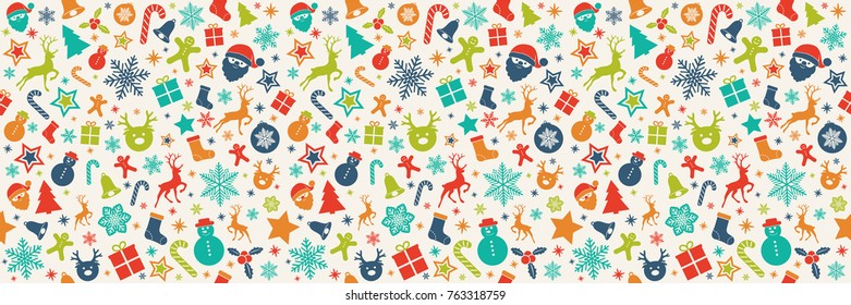 Panoramic Christmas pattern with colourful decoration. Vector.