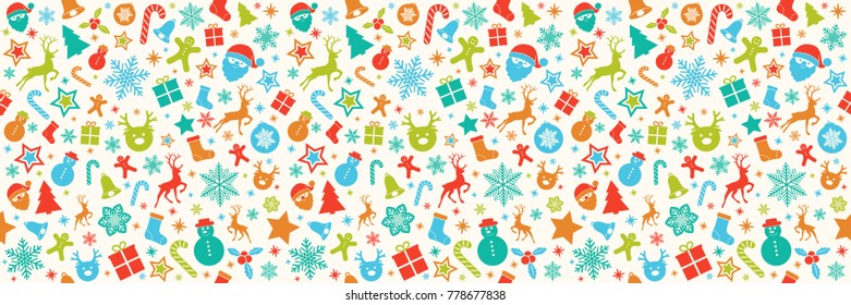 Panoramic Christmas pattern with ornaments. Vector.