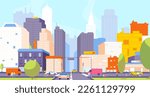 Panoramic city crossroads. City street moving road scene, road junction in downtown panorama town houses outside office buildings skyline background, vector illustration of city panoramic downtown